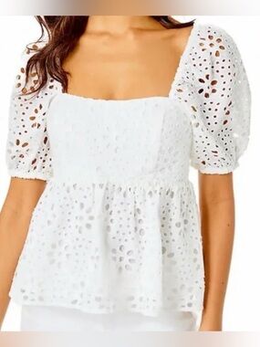 Lilly Pulitzer Kay White Eyelet Puff-Sleeve Peplum Top